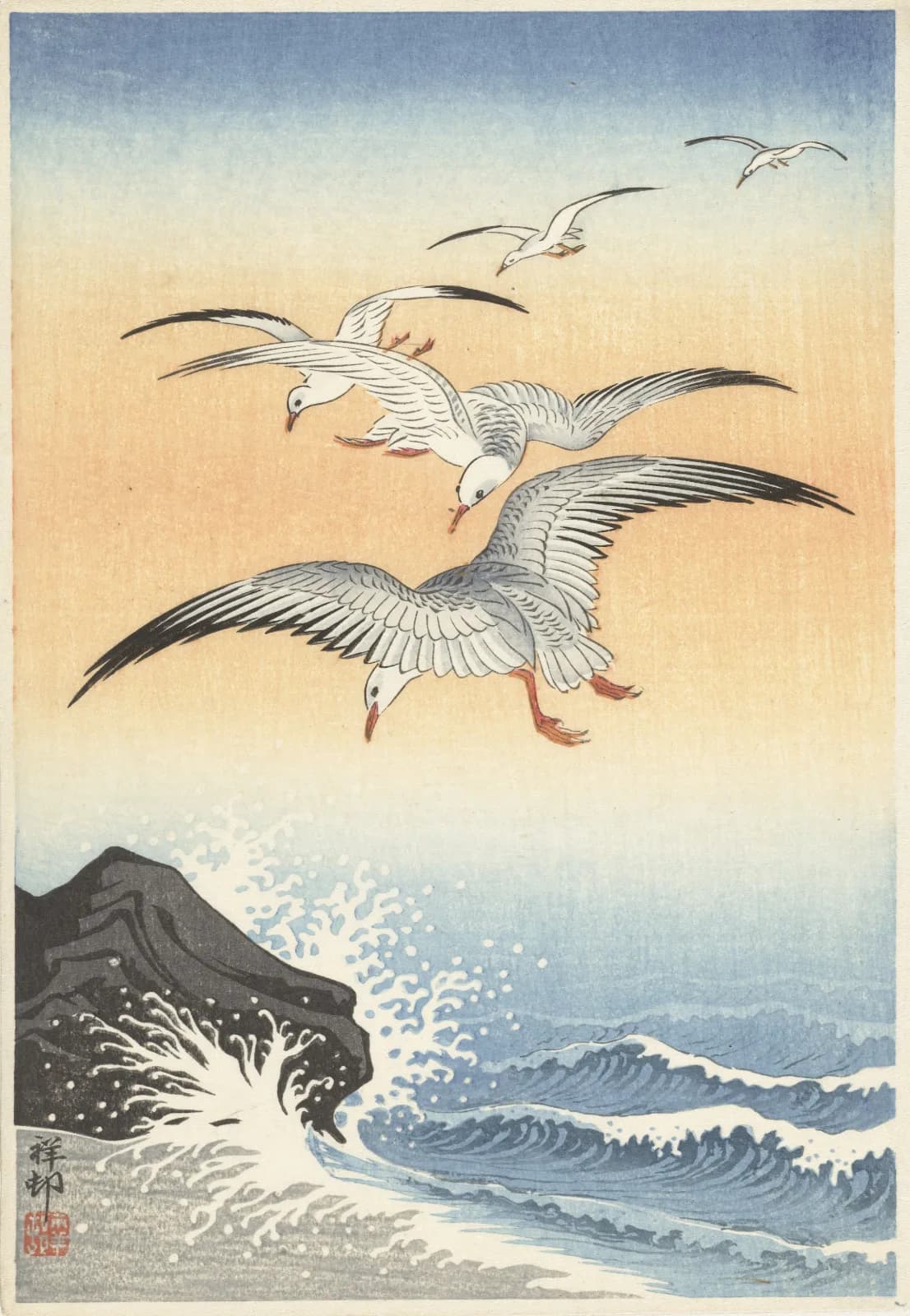 Japanese vintage animals Five seagulls above turbulent sea (1900 1930)