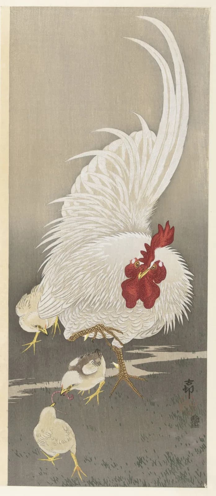 Japanese vintage animals Rooster and three chicks (1900 1910)