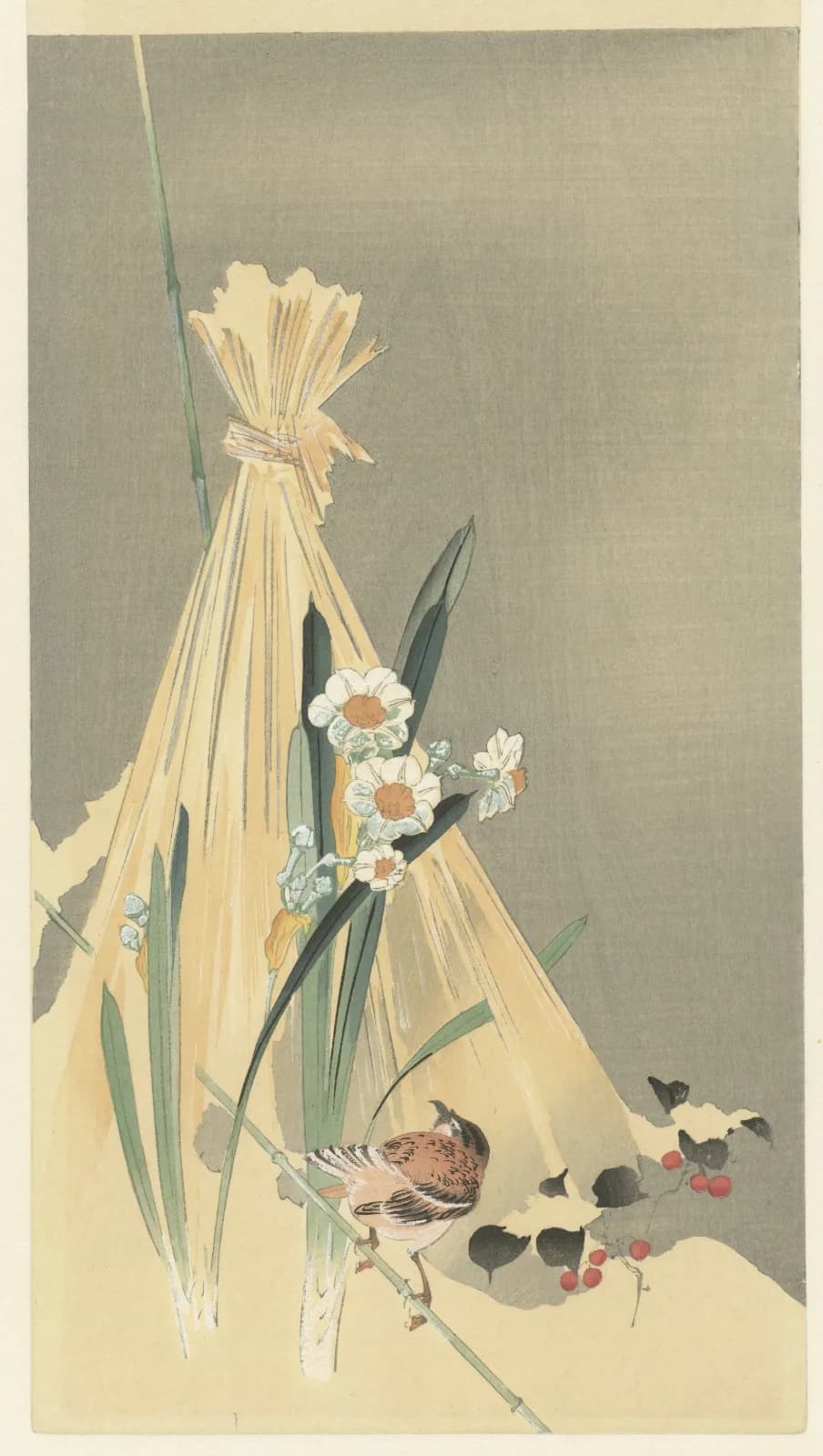 Japanese vintage animals Songbird at hay bundle (1900 1930)
