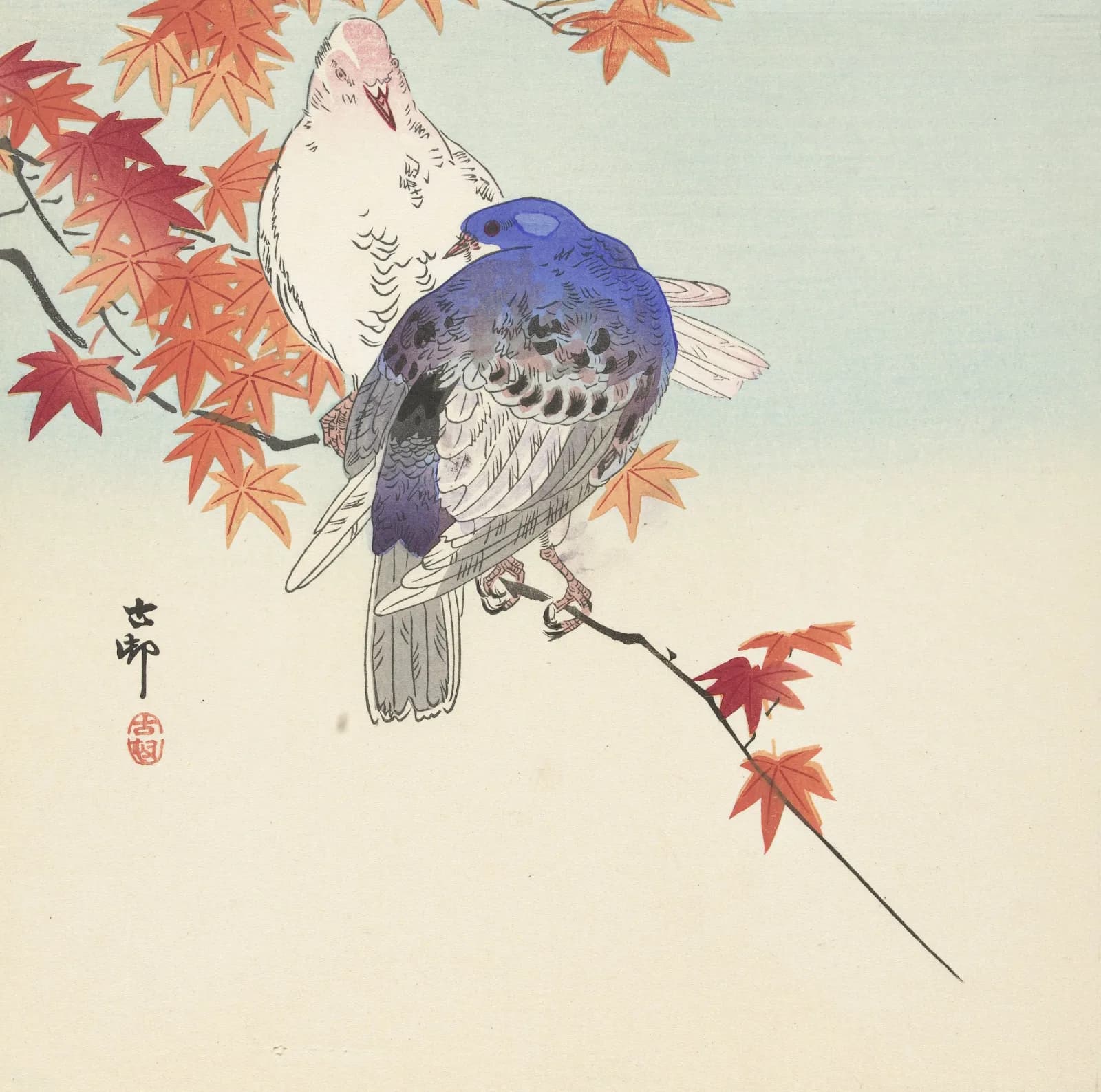 Japanese vintage animals Two pigeons on autumnal branch (1900 1936)