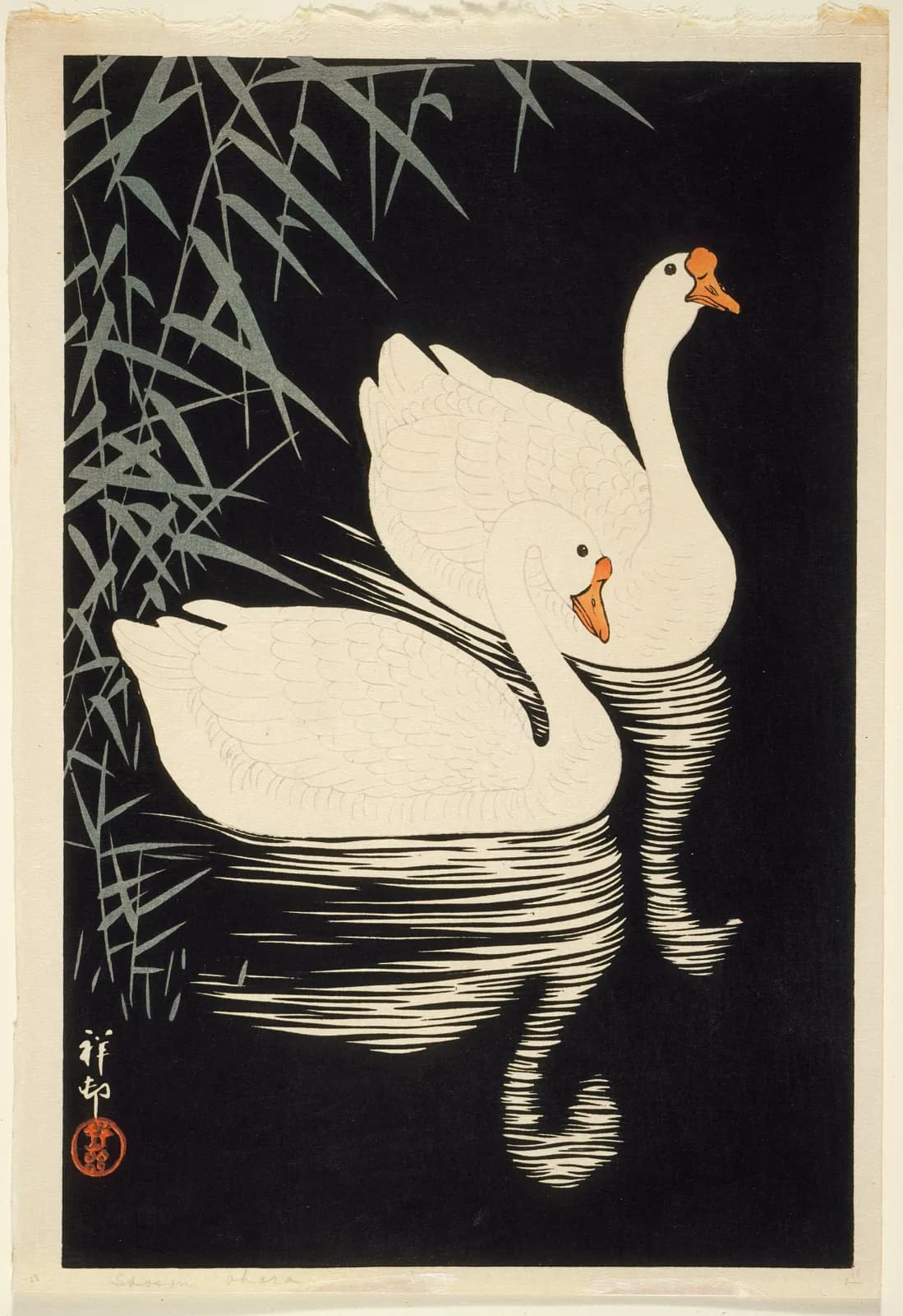 Japanese vintage animals White Chinese Geese Swimming By Reeds