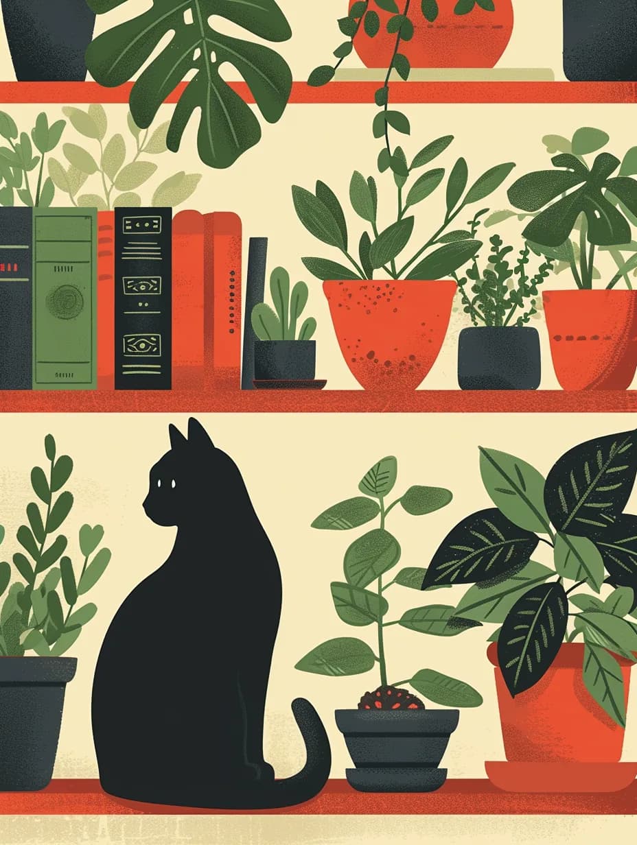 Maximalist animals Ginevra0934 A black cat sits on a shelf surrounded by various p 4adf1800 1514 4fda 810f dc99cbbd01fd