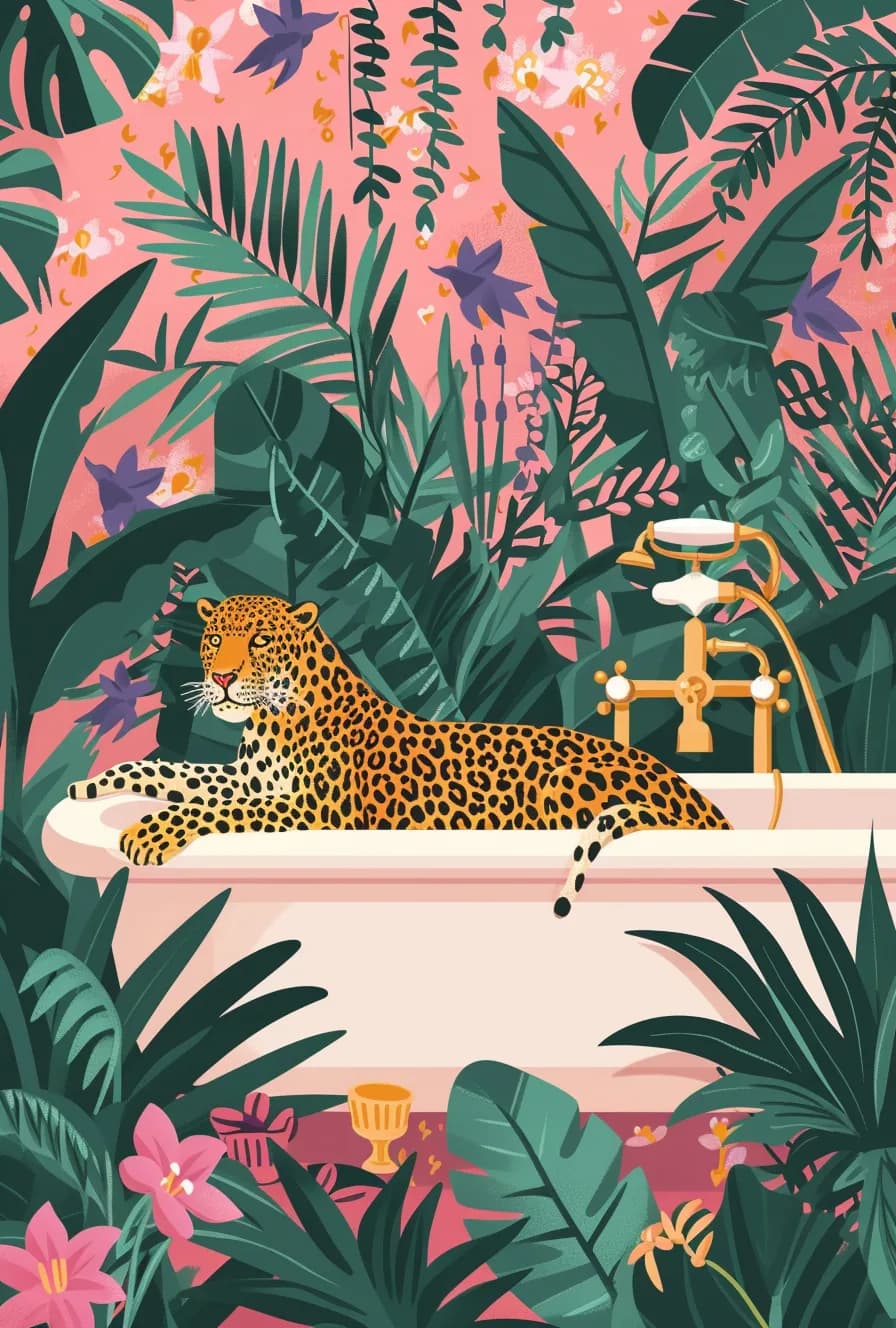 Maximalist animals Ginevra0934 A leopard in the bathtub surrounded by lush greener 664f1a30 5e22 4d3c adb5 d6242e2c2648