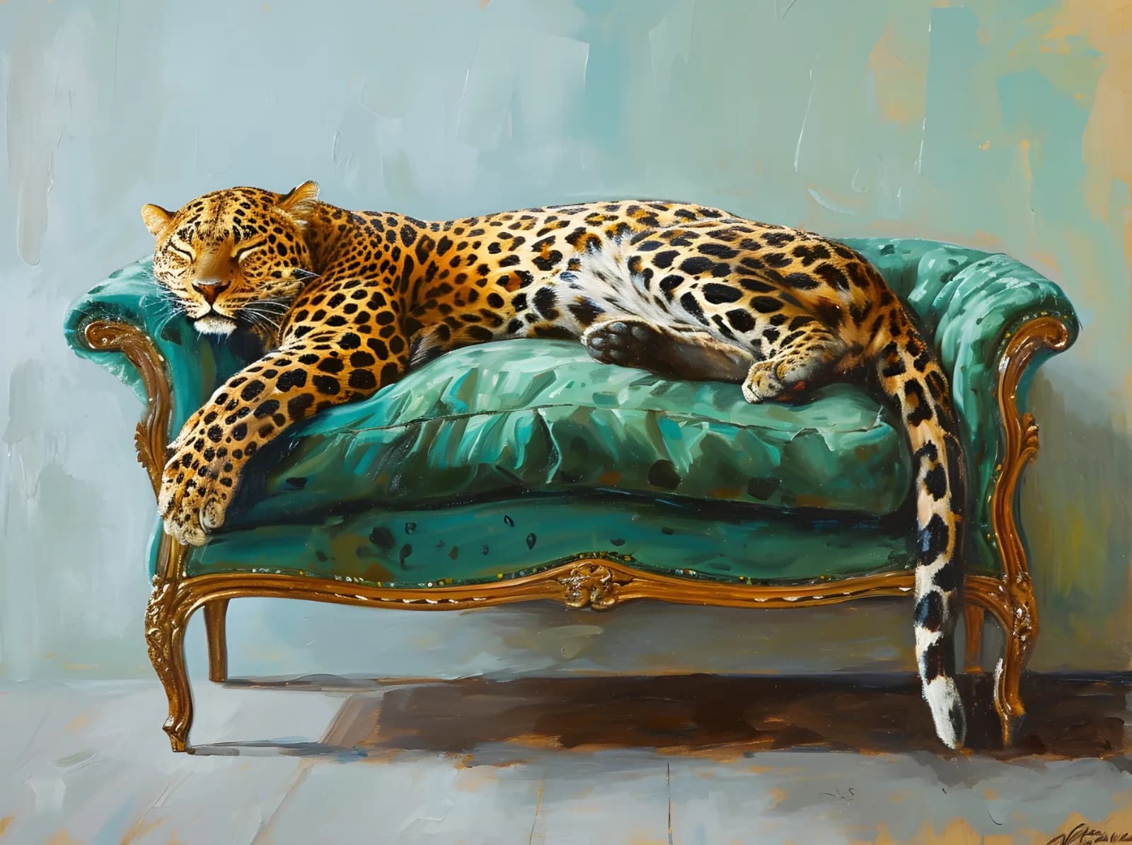 Maximalist animals Ginevra0934 leopard sleeping on green sofa side view oil painti 36871118 471a 4f9c 8124 a5866f178def