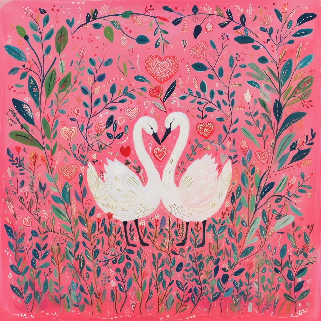 Maximalist animals Ginevra0934 pink valentine card with white swans cute illustrat 0088332f d3db 4664 9115 ad8aea596446
