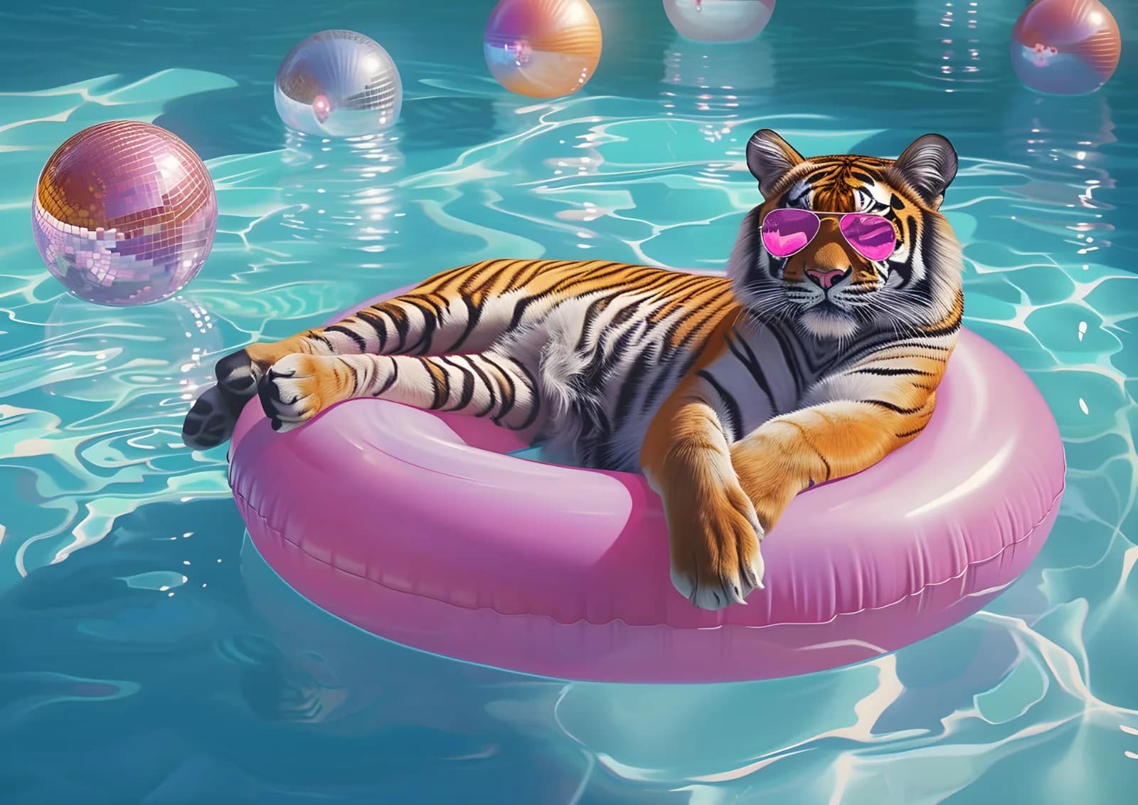 Maximalist animals Ginevra0934 tiger wearing pink sunglasses lounging on an inflat 3293720b 7460 4aba 9adb 3fc840d709c1