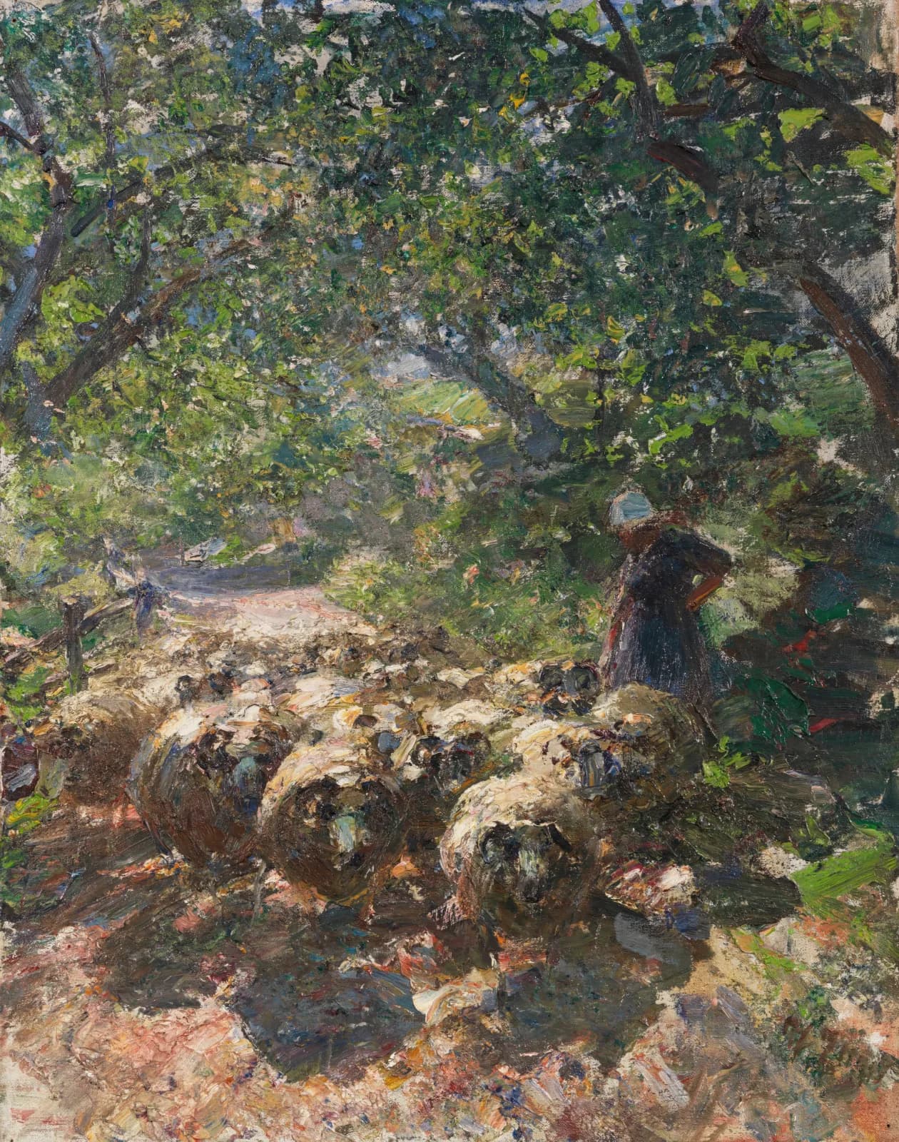 Vintage animals Schafherde mit Hirtin im schattigen Hohlweg (Ca 1920)