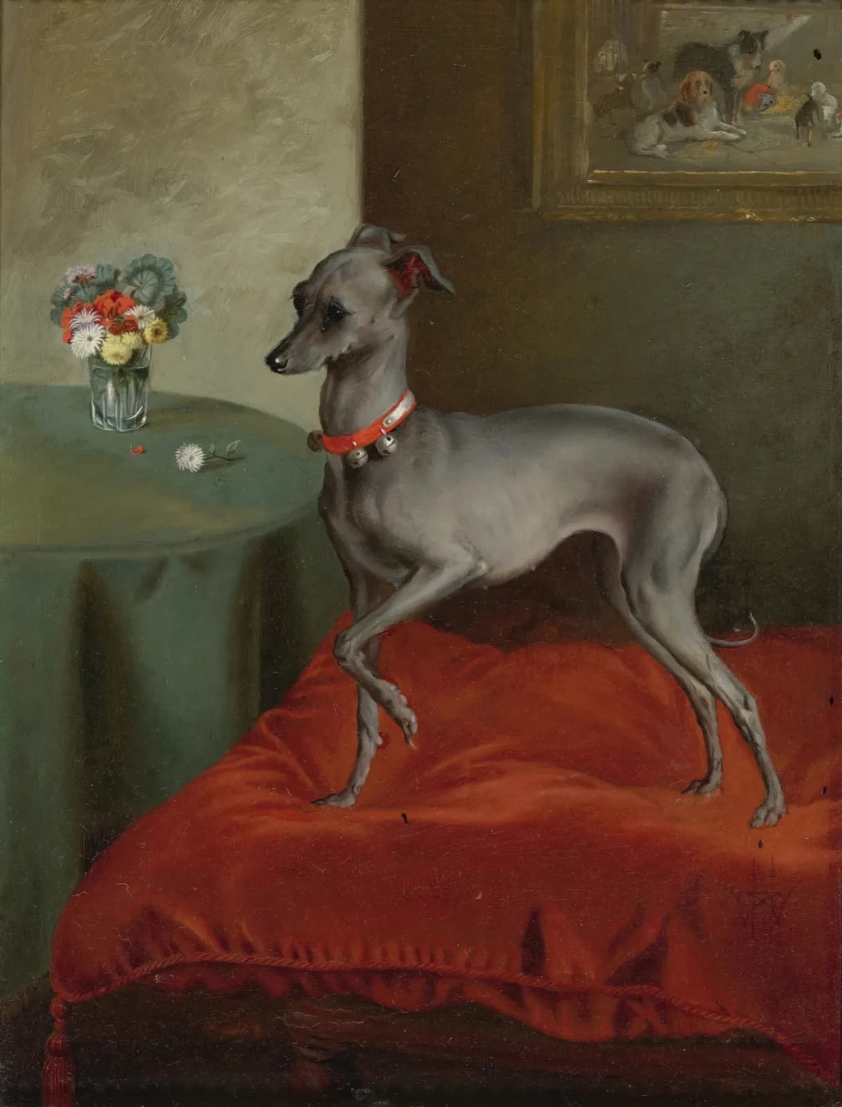 Vintage animals An Italian Greyhound on a Red Cushion (19th Century)