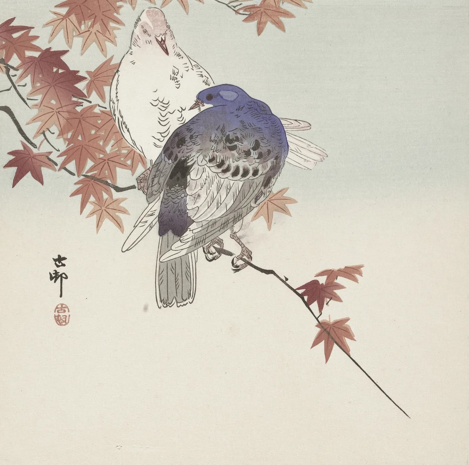 Neutral vintage summer Two pigeons on autumnal branch (1900 1936)