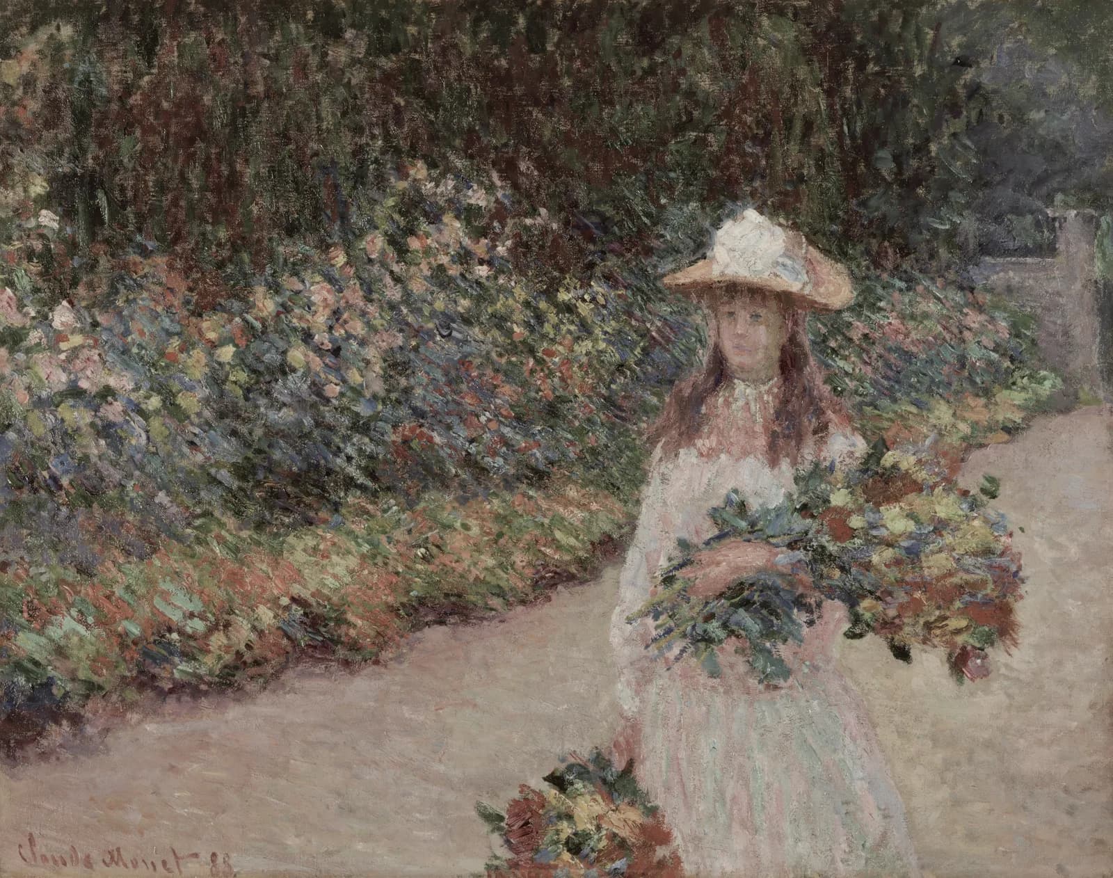 Neutral vintage summer Jeune fille dans le jardin de Giverny