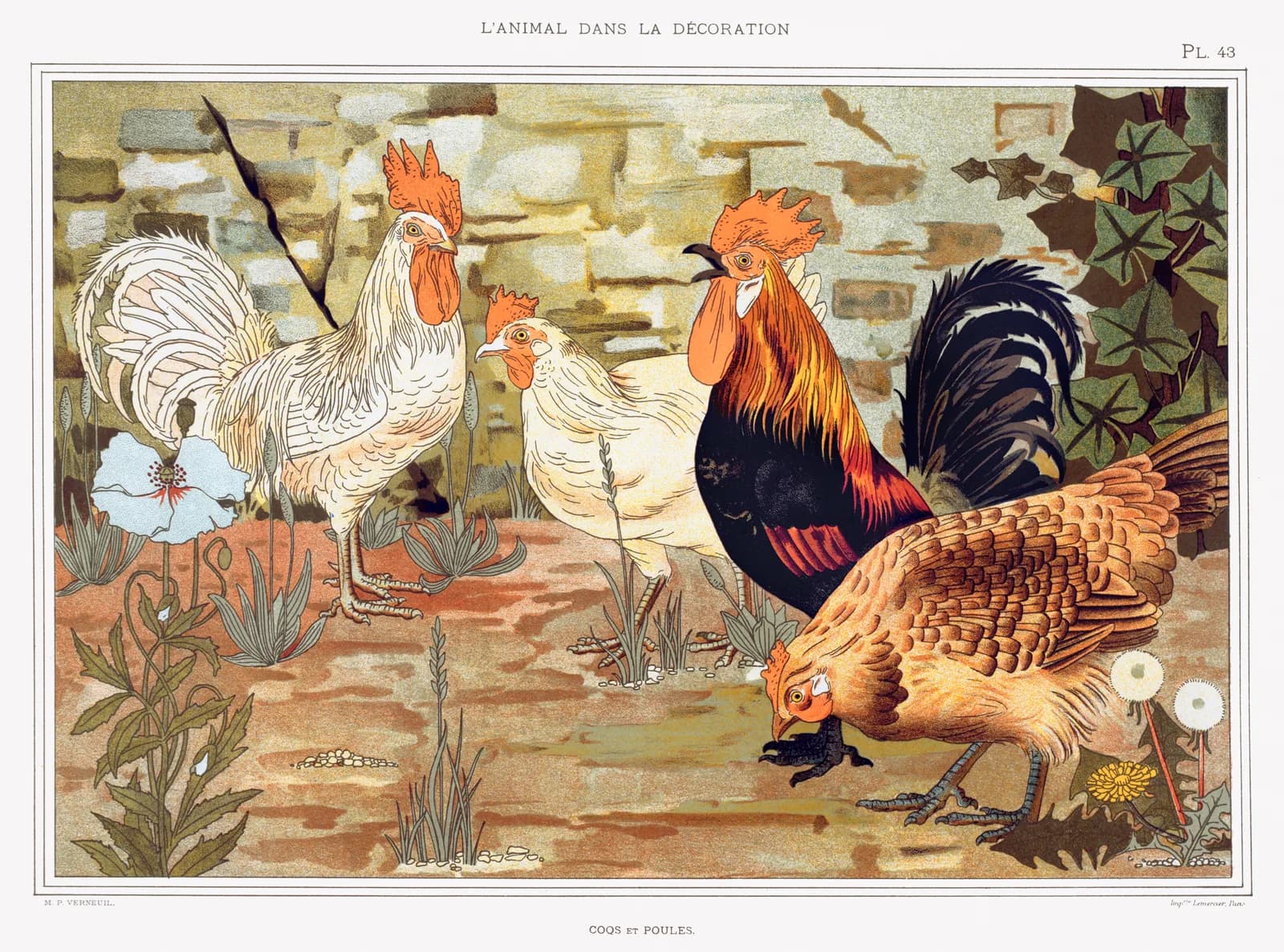 AUTUMN VINTAGE LD Coqs et poules from L animal dans la décoration (1897) illustrated by Maurice Pillard Verneuil