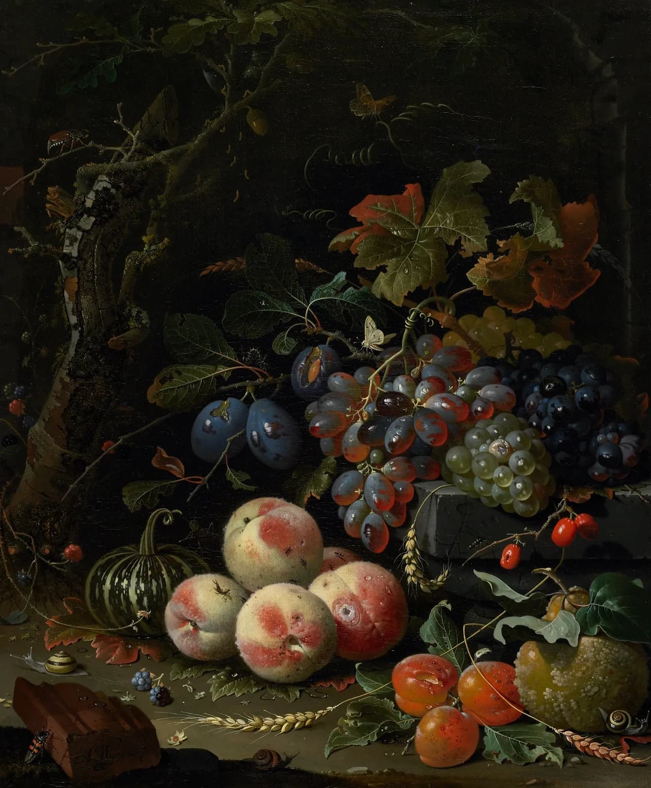AUTUMN VINTAGE LD Dutch still life with fruit, foliage, and insects