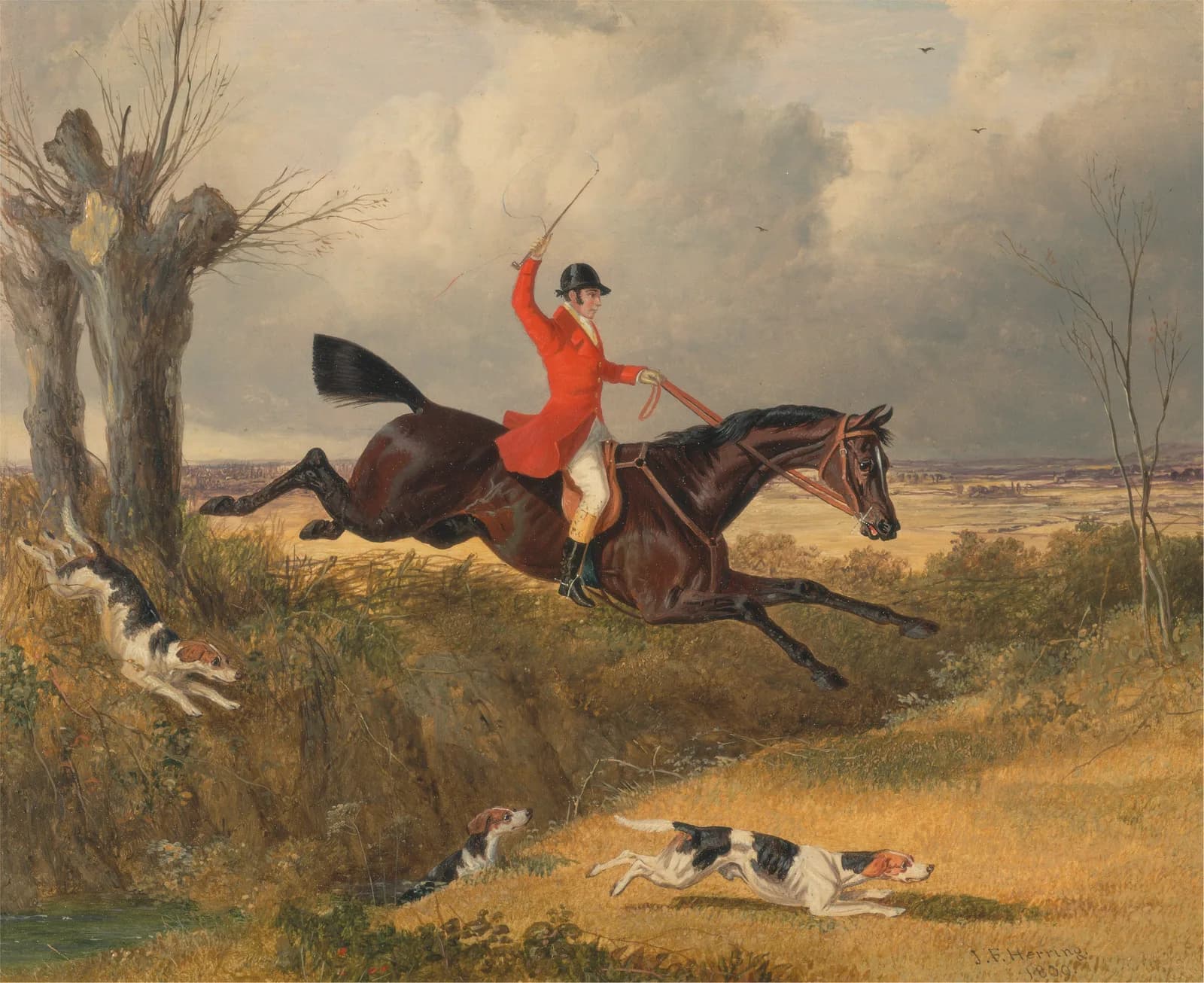 AUTUMN VINTAGE LD Foxhunting Clearing a Ditch (1839) by John Frederick Herring