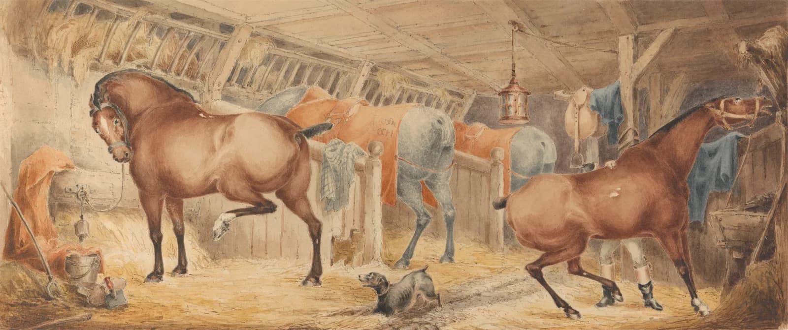 AUTUMN VINTAGE LD Interior of a Post House Stable, With Horses Feeding